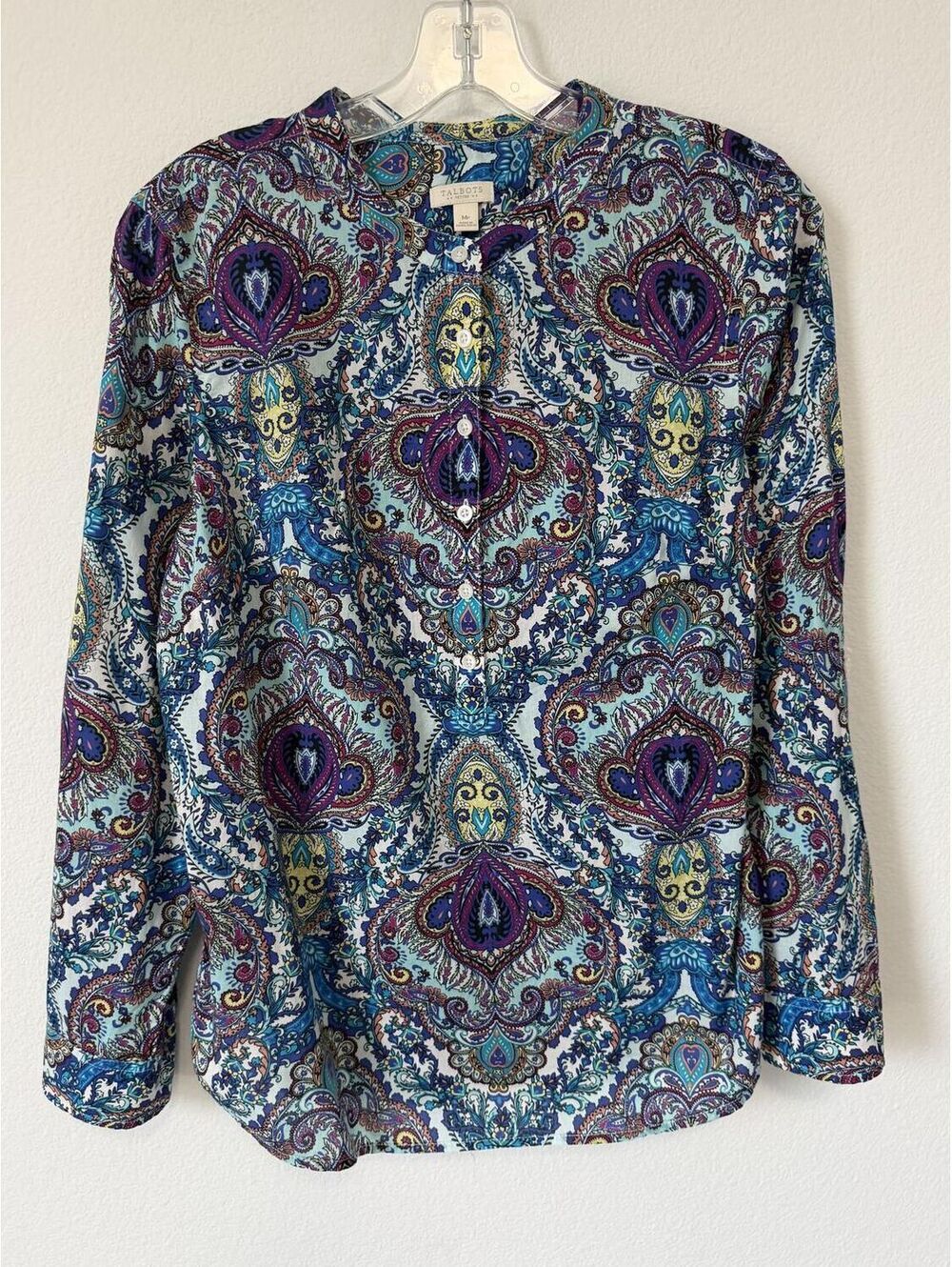 Talbots Long Sleeve Half Button Band Collar Floral Paisley Shirt Size M Petite